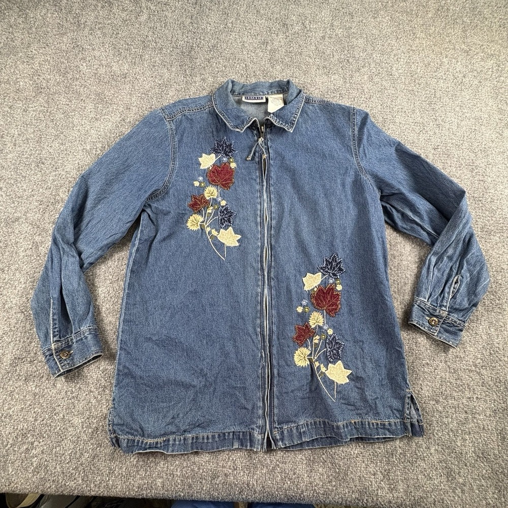 Vintage Y2K Erika & Co. Denim Jacket Women's‎ S Blue Embroidered Floral Boho 90s